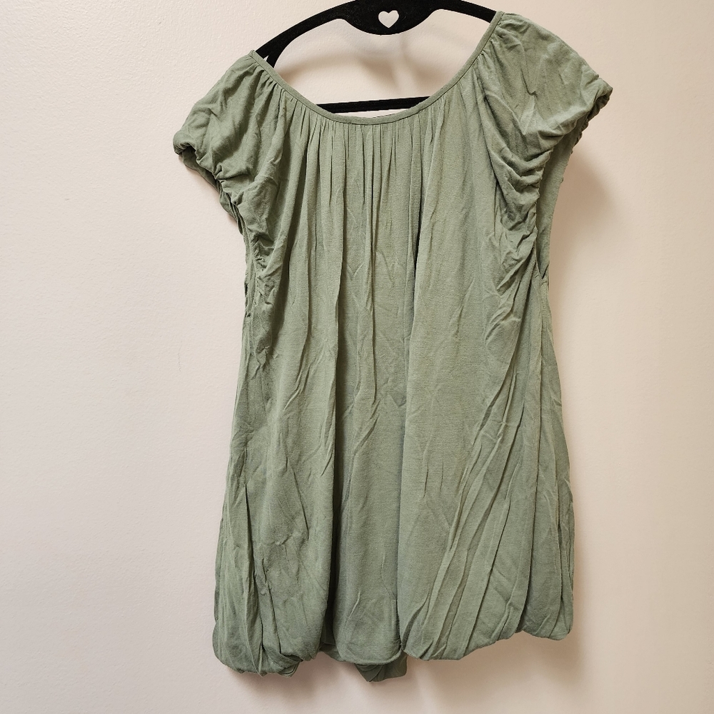 Stella Mcartney Olive Green Rouched Cap Sleeve Flowy Elastic Bottom Shirt